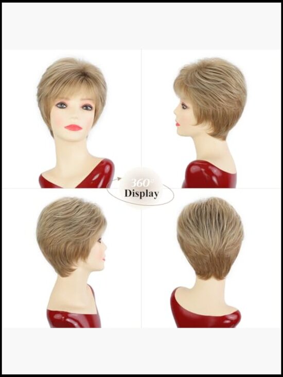 Short Mixed Blonde Wigs with Bangs for White Women Layered Pixie Cut Wig